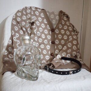 Skull Bundle: Glass Skull, ISSI Skull Cardigan, Size S, and Skull Dog Collar